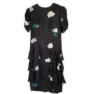 Vtg 80s 40s Dress Puff Sleeve Rose Print Ruffle Skirt Karin Stevens 6